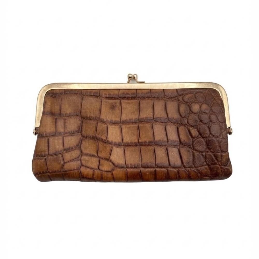 G.I.L.I. Brown Croc-Embossed Leather Frame Wallet Clutch - Excellent Condition